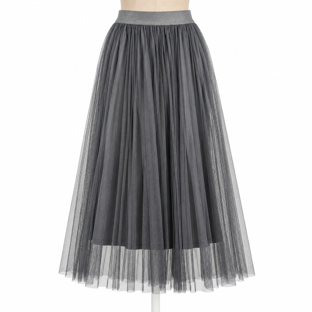 Whimsigoth Sheer Tulle Maxi Skirt Size M Gray Pleated Mesh Fairy Grunge Stretch